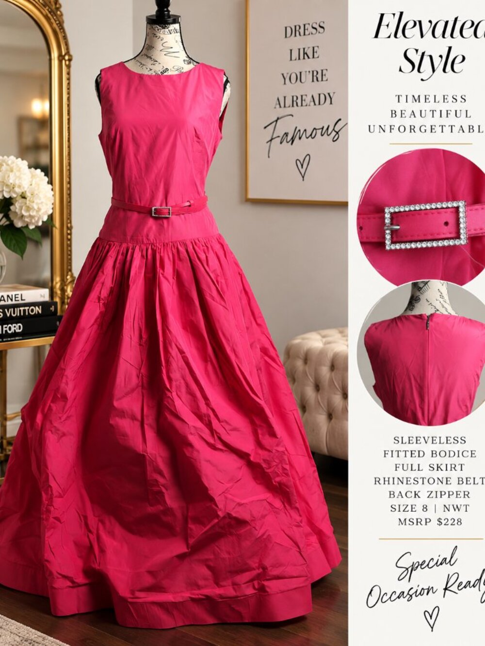 NWT Fuchsia Pink Full Skirt Maxi Dress Rhinestone Belt Size 8 $228